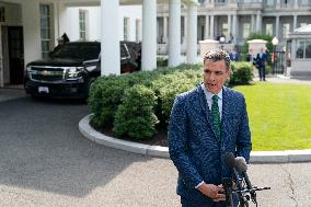 President Pedro Sanchez Perez-Castejon of the Government of Spain speaks to reporters after meeting with President Joe Biden