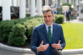 President Pedro Sanchez Perez-Castejon of the Government of Spain speaks to reporters after meeting with President Joe Biden