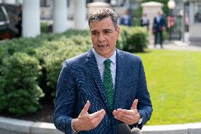 President Pedro Sanchez Perez-Castejon of the Government of Spain speaks to reporters after meeting with President Joe Biden