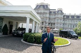 President Pedro Sanchez Perez-Castejon of the Government of Spain speaks to reporters after meeting with President Joe Biden