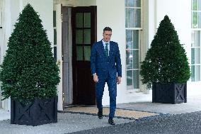 President Pedro Sanchez Perez-Castejon of the Government of Spain speaks to reporters after meeting with President Joe Biden