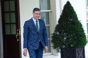 President Pedro Sanchez Perez-Castejon of the Government of Spain speaks to reporters after meeting with President Joe Biden