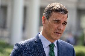 President Pedro Sanchez Perez-Castejon of the Government of Spain speaks to reporters after meeting with President Joe Biden