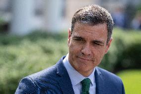 President Pedro Sanchez Perez-Castejon of the Government of Spain speaks to reporters after meeting with President Joe Biden