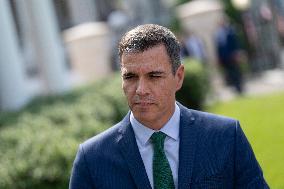 President Pedro Sanchez Perez-Castejon of the Government of Spain speaks to reporters after meeting with President Joe Biden