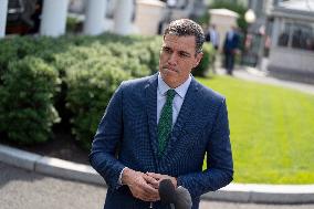 President Pedro Sanchez Perez-Castejon of the Government of Spain speaks to reporters after meeting with President Joe Biden