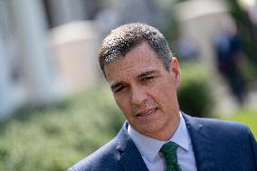 President Pedro Sanchez Perez-Castejon of the Government of Spain speaks to reporters after meeting with President Joe Biden