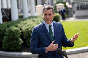 President Pedro Sanchez Perez-Castejon of the Government of Spain speaks to reporters after meeting with President Joe Biden