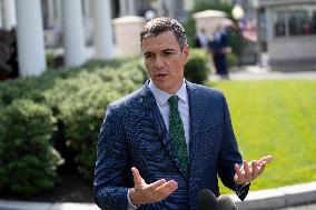 President Pedro Sanchez Perez-Castejon of the Government of Spain speaks to reporters after meeting with President Joe Biden