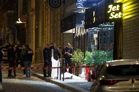 Shooting In Paris Street In Front Of Jet Set Restaurant near Champs Elysee Avenue