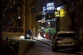 Shooting In Paris Street In Front Of Jet Set Restaurant near Champs Elysee Avenue