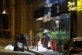 Shooting In Paris Street In Front Of Jet Set Restaurant near Champs Elysee Avenue