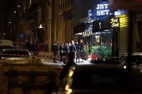Shooting In Paris Street In Front Of Jet Set Restaurant near Champs Elysee Avenue
