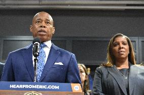 Retail Theft Press Conference With Eric Adams, Letitia James, Melinda Katz And Alvin Bragg In New York City