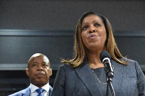 Retail Theft Press Conference With Eric Adams, Letitia James, Melinda Katz And Alvin Bragg In New York City