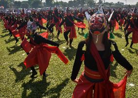 Two Thousand Students Are Performance Present The Bapang Malangan Mask Dance In Indonesia