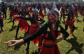 Two Thousand Students Are Performance Present The Bapang Malangan Mask Dance In Indonesia