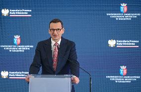 Polish PM Morawiecki Sets Cornerstone For Krakow-Prokocim Medical Campus Construction