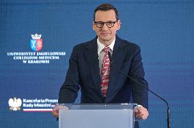 Polish PM Morawiecki Sets Cornerstone For Krakow-Prokocim Medical Campus Construction