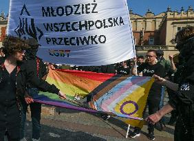 Nationalist Protest In Krakow's Main Market Square Targets LGBTQ Community