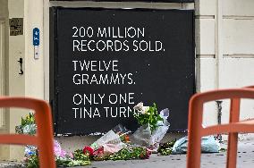 Tributes To Tina Turner Laid Outside Aldwych Theatre In London