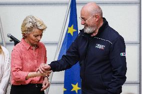 Press Conference By Giorgia Meloni And Ursula Von Der Leyen After The Helicopter Overflight Of The Flooded Areas In Emilia Romag