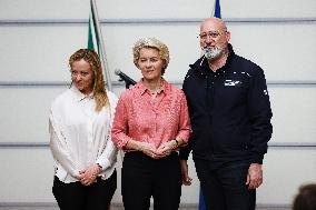 Press Conference By Giorgia Meloni And Ursula Von Der Leyen After The Helicopter Overflight Of The Flooded Areas In Emilia Romag