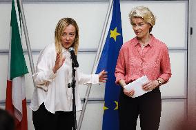 Press Conference By Giorgia Meloni And Ursula Von Der Leyen After The Helicopter Overflight Of The Flooded Areas In Emilia Romag