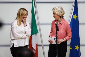 Press Conference By Giorgia Meloni And Ursula Von Der Leyen After The Helicopter Overflight Of The Flooded Areas In Emilia Romag