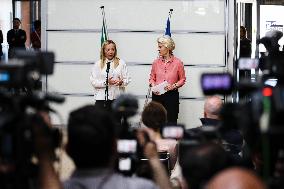 Press Conference By Giorgia Meloni And Ursula Von Der Leyen After The Helicopter Overflight Of The Flooded Areas In Emilia Romag