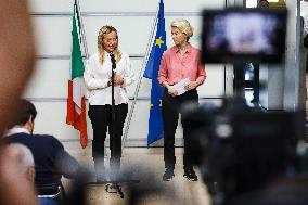 Press Conference By Giorgia Meloni And Ursula Von Der Leyen After The Helicopter Overflight Of The Flooded Areas In Emilia Romag