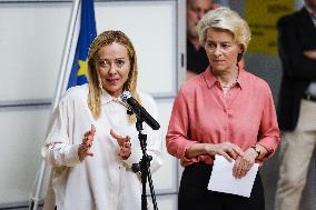 Press Conference By Giorgia Meloni And Ursula Von Der Leyen After The Helicopter Overflight Of The Flooded Areas In Emilia Romag