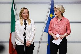 Press Conference By Giorgia Meloni And Ursula Von Der Leyen After The Helicopter Overflight Of The Flooded Areas In Emilia Romag