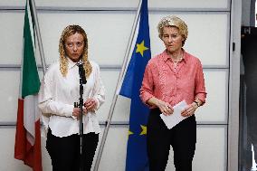 Press Conference By Giorgia Meloni And Ursula Von Der Leyen After The Helicopter Overflight Of The Flooded Areas In Emilia Romag