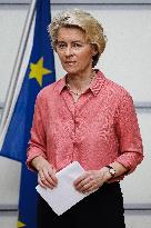 Press Conference By Giorgia Meloni And Ursula Von Der Leyen After The Helicopter Overflight Of The Flooded Areas In Emilia Romag