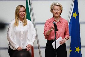 Press Conference By Giorgia Meloni And Ursula Von Der Leyen After The Helicopter Overflight Of The Flooded Areas In Emilia Romag