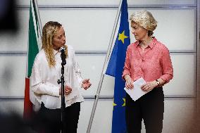 Press Conference By Giorgia Meloni And Ursula Von Der Leyen After The Helicopter Overflight Of The Flooded Areas In Emilia Romag