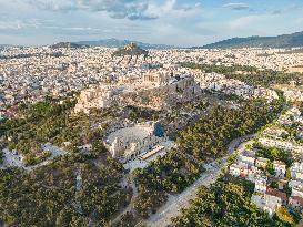 Aerial View Of Acropolis Of Athens With The Parthenon Temple