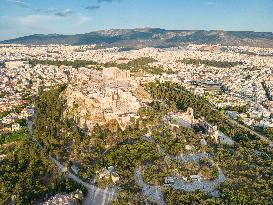 Aerial View Of Acropolis Of Athens With The Parthenon Temple