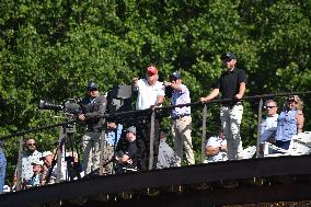 Former President Of The United States Donald J. Trump Waves From The Balcony And Chats With Guests At The LIV Golf DC 2023 Event