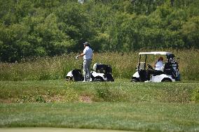 Former President Of The United States Donald J. Trump Plays Golf Prior To The LIV Golf Round 1 Shotgun Start