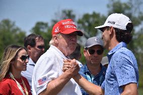 Former U.S. President Donald J. Trump Visits The Driving Range, Meets Fans And Watches LIV Golf Washington DC 2023 Round 2