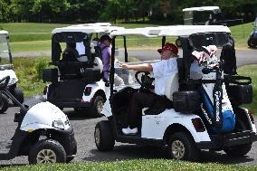 Former U.S. President Donald J. Trump Visits The Driving Range, Meets Fans And Watches LIV Golf Washington DC 2023 Round 2