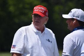 Former U.S. President Donald J. Trump Visits The Driving Range, Meets Fans And Watches LIV Golf Washington DC 2023 Round 2