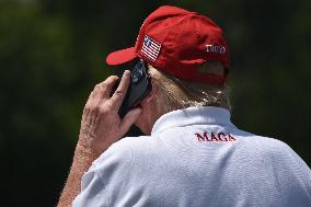 Former U.S. President Donald J. Trump Visits The Driving Range, Meets Fans And Watches LIV Golf Washington DC 2023 Round 2