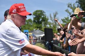 Former U.S. President Donald J. Trump Visits The Driving Range, Meets Fans And Watches LIV Golf Washington DC 2023 Round 2