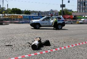 Part Of A Missile Landed On A Street During A Russian Missile Strike In Kyiv