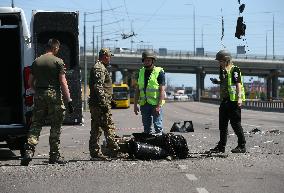 Part Of A Missile Landed On A Street During A Russian Missile Strike In Kyiv