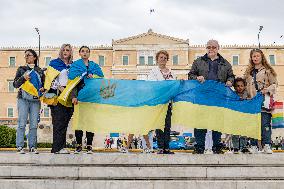 Ukrainian Demonstration With Flags In Greece