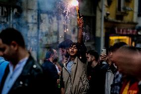 Galatasaray Fans Celebrating The Early Championship At Taksim